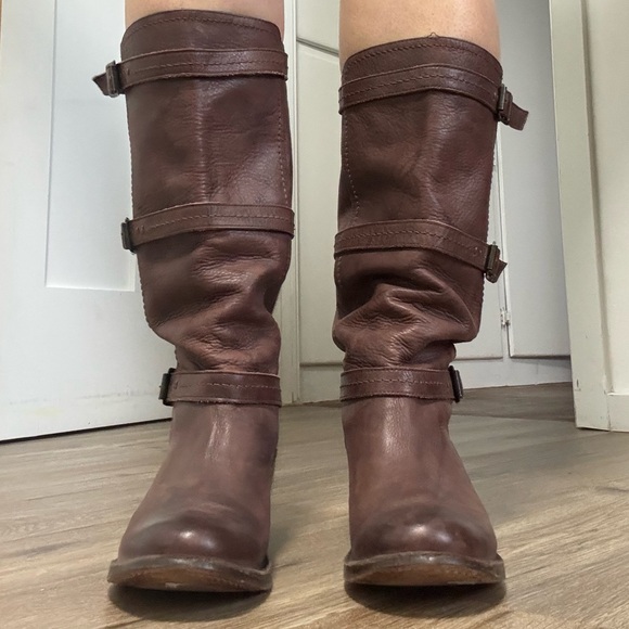 Frye Brown Leather Knee-High Boots Buckle Strap Women’s Size 8B - Picture 2 of 9